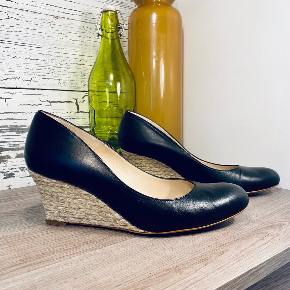 LK Bennett Eevie Black Leather Espadrille Wedges